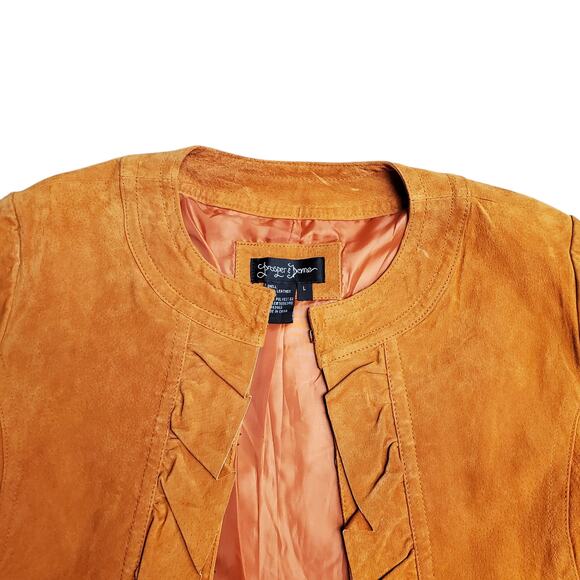 Vintage Suede Leather Jacket Orange Y2k Fairy Boho Ruffle Prosper & Devine - L - Picture 5 of 8